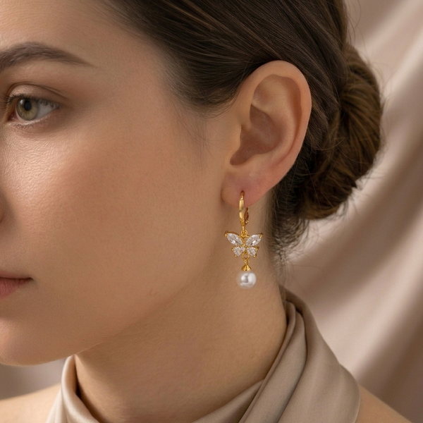 Gold Pearl Drop Hoop Earrings