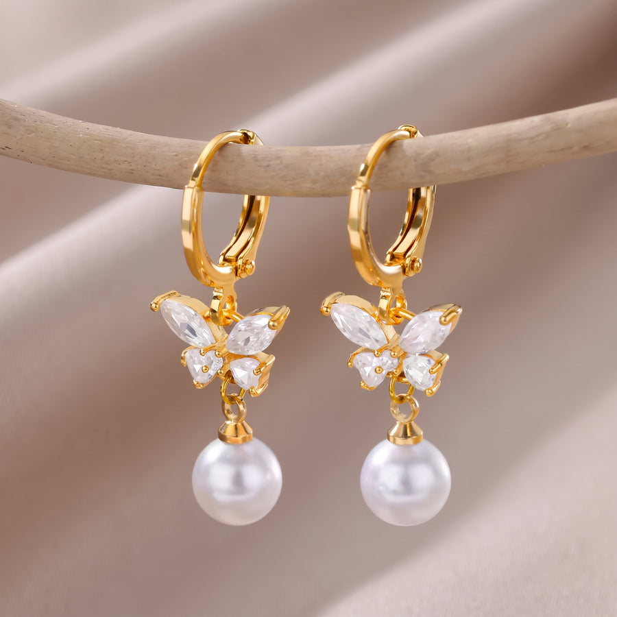 Gold Pearl Drop Hoop Earrings