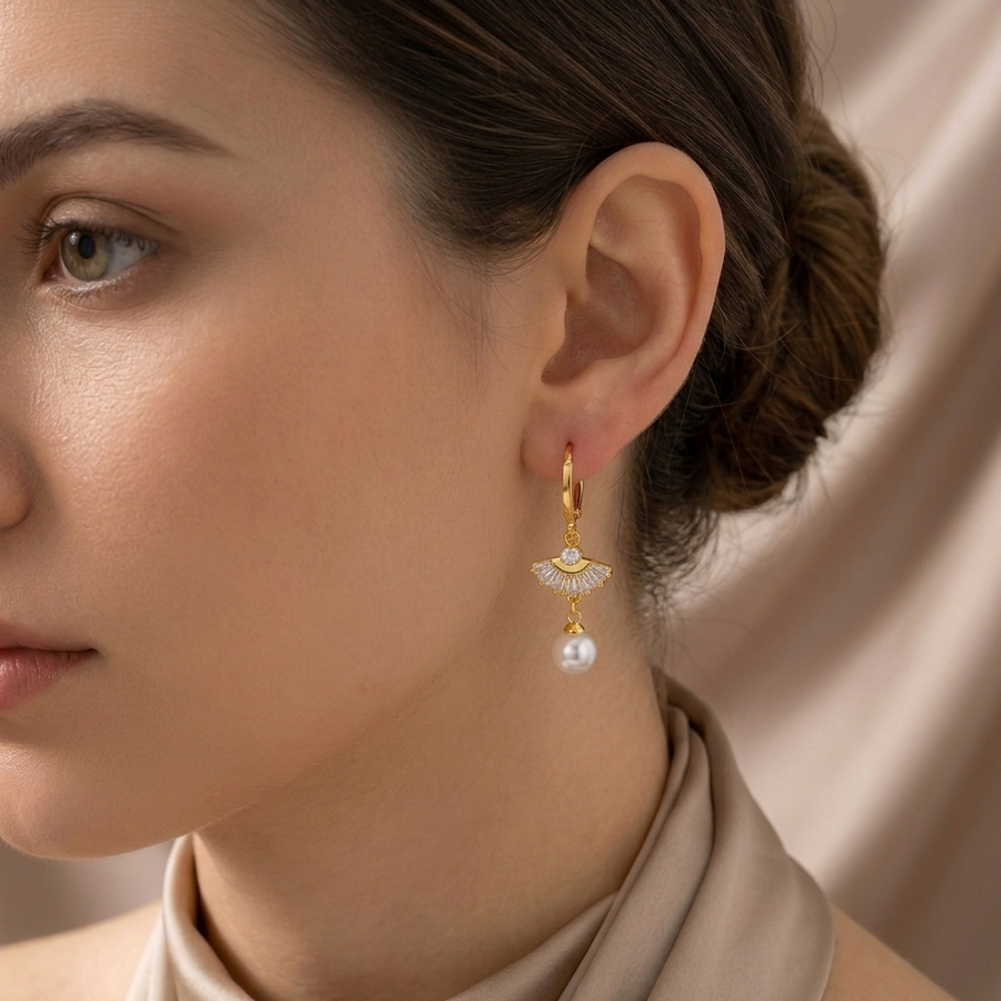 Gold Pearl Drop Hoop Earrings