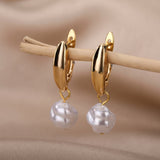 Gold Pearl Drop Hoop Earrings