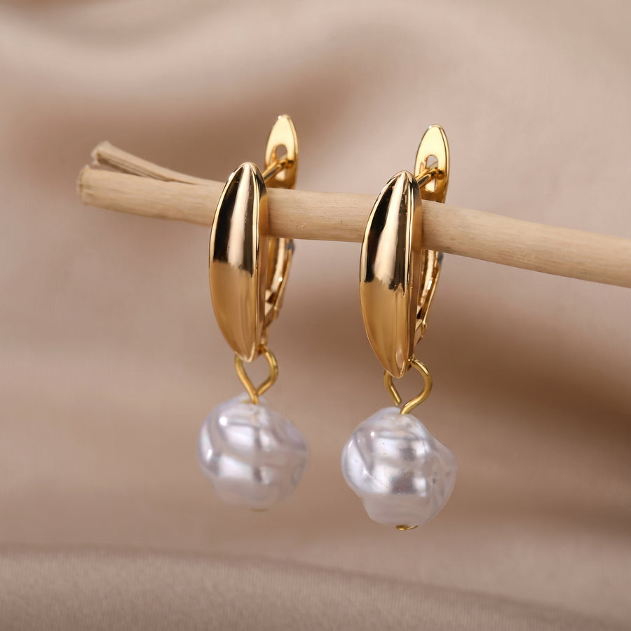 Gold Pearl Drop Hoop Earrings