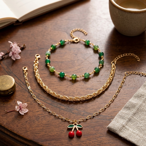Cherry Beaded Anklet Set