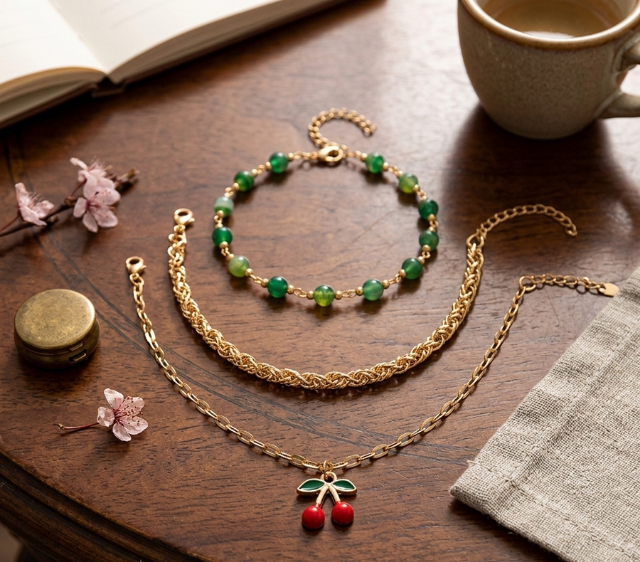 Cherry Beaded Anklet Set