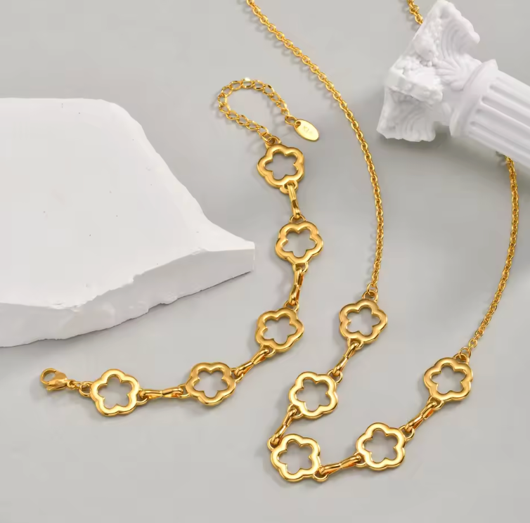 Waterproof Gold Floral Necklace & Bracelet