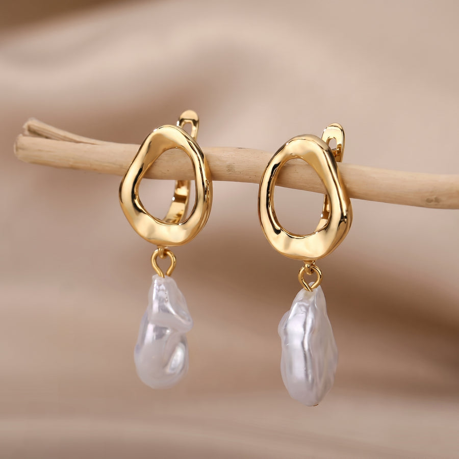 Gold Pearl Drop Hoop Earrings