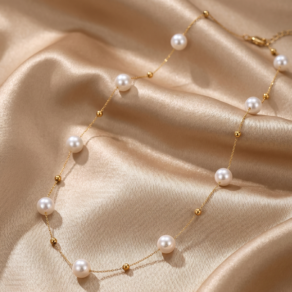 Pearl necklace with gold accents on a beige fabric background