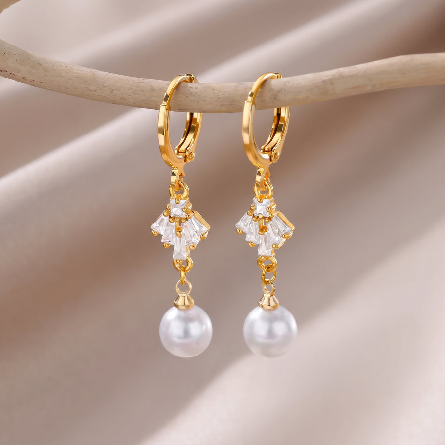 Gold Pearl Drop Hoop Earrings