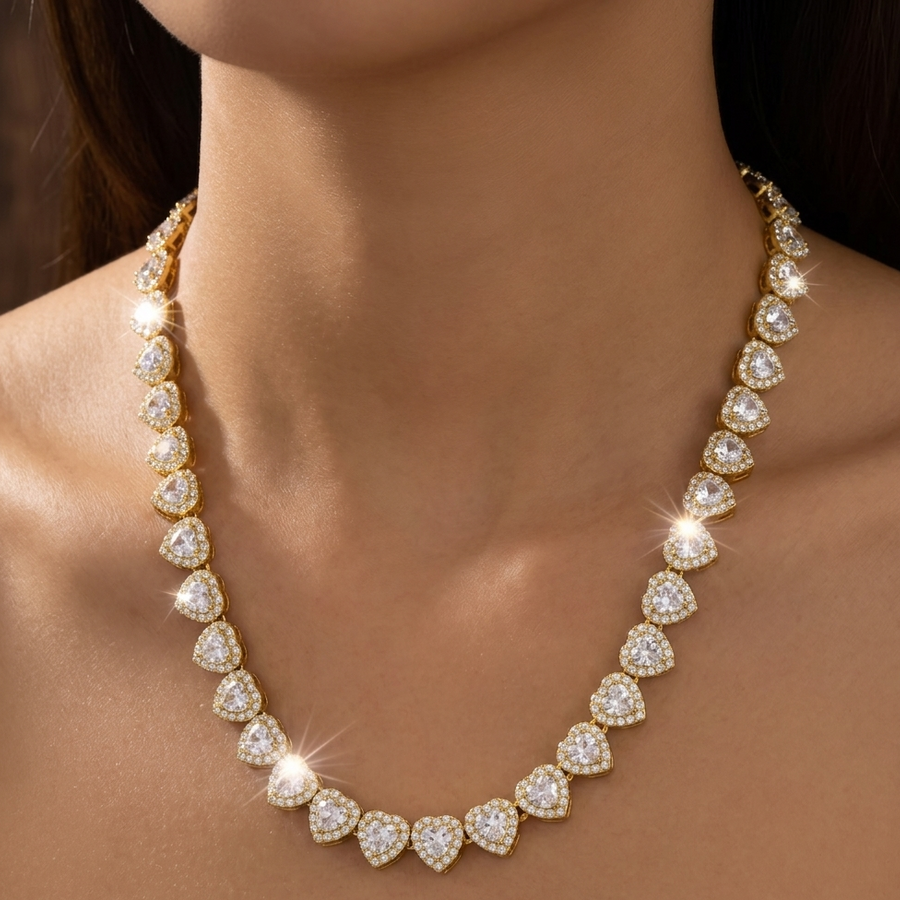 Heart Rhinestone Tennis Necklace And Bracelet