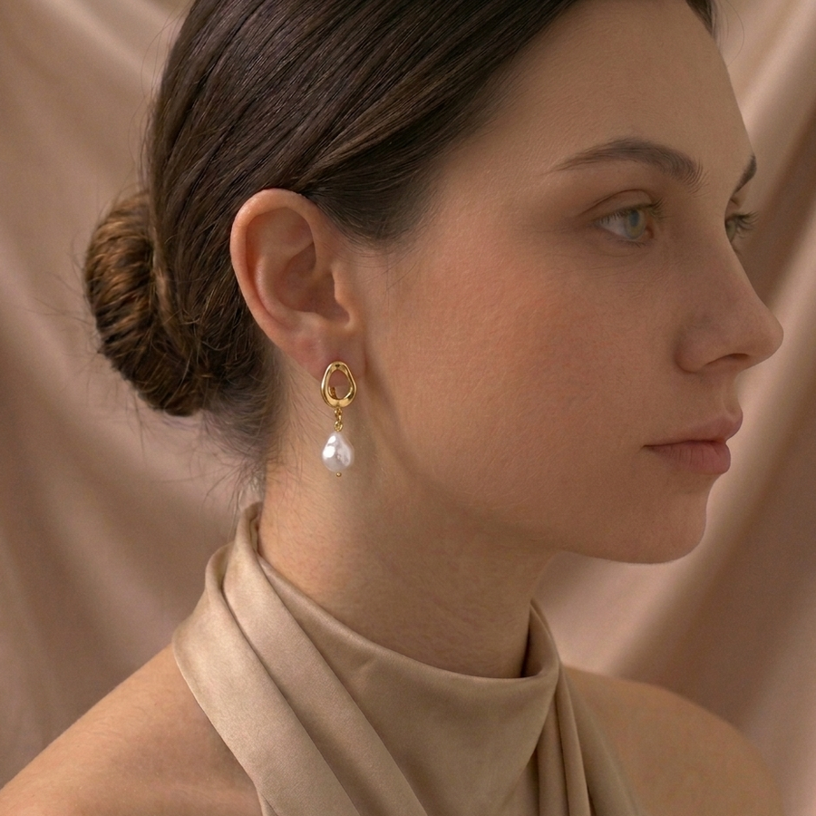 Gold Pearl Drop Hoop Earrings