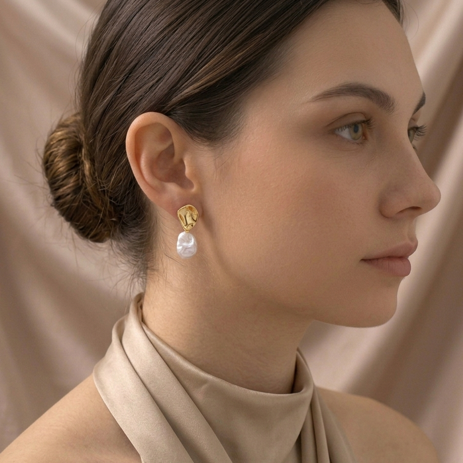 Gold Pearl Drop Hoop Earrings