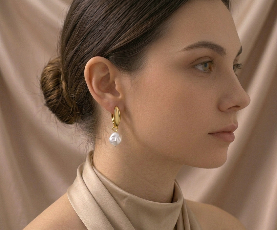 Gold Pearl Drop Hoop Earrings