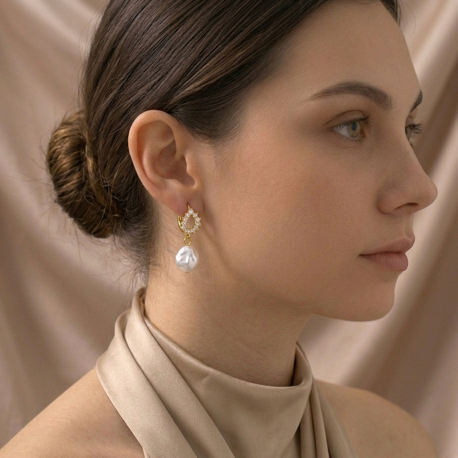 Gold Pearl Drop Hoop Earrings